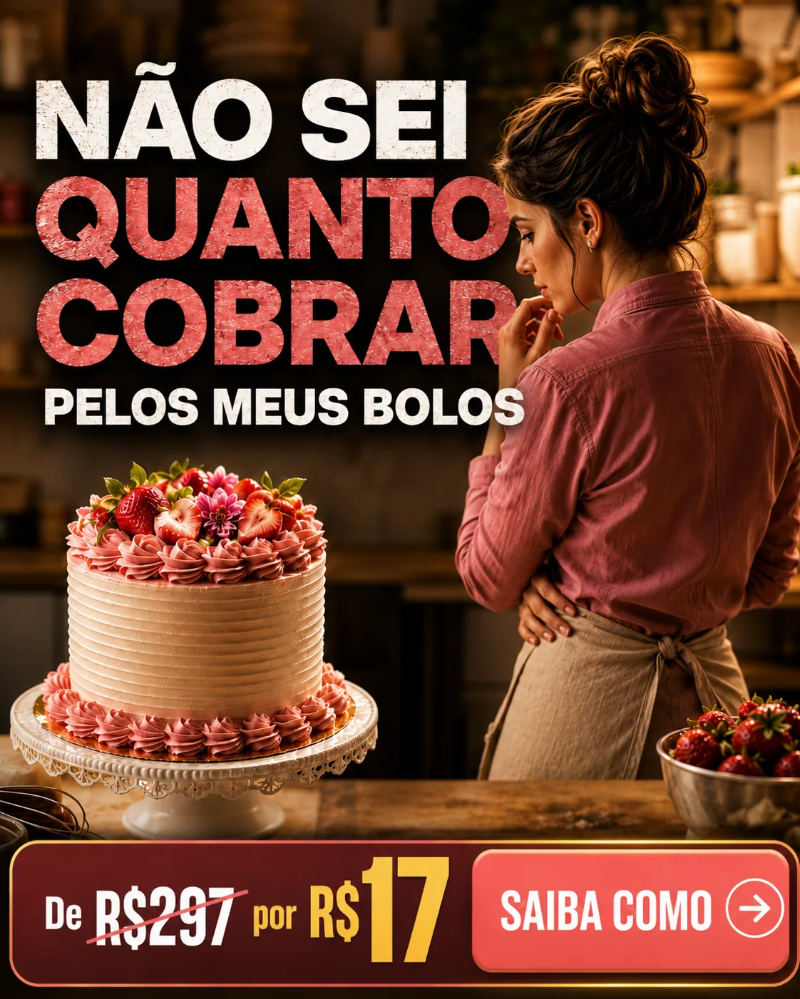 Anúncio 4:5: 'Não sei quanto cobrar pelos meus bolos' — de R$297 por R$17, botão Saiba Como