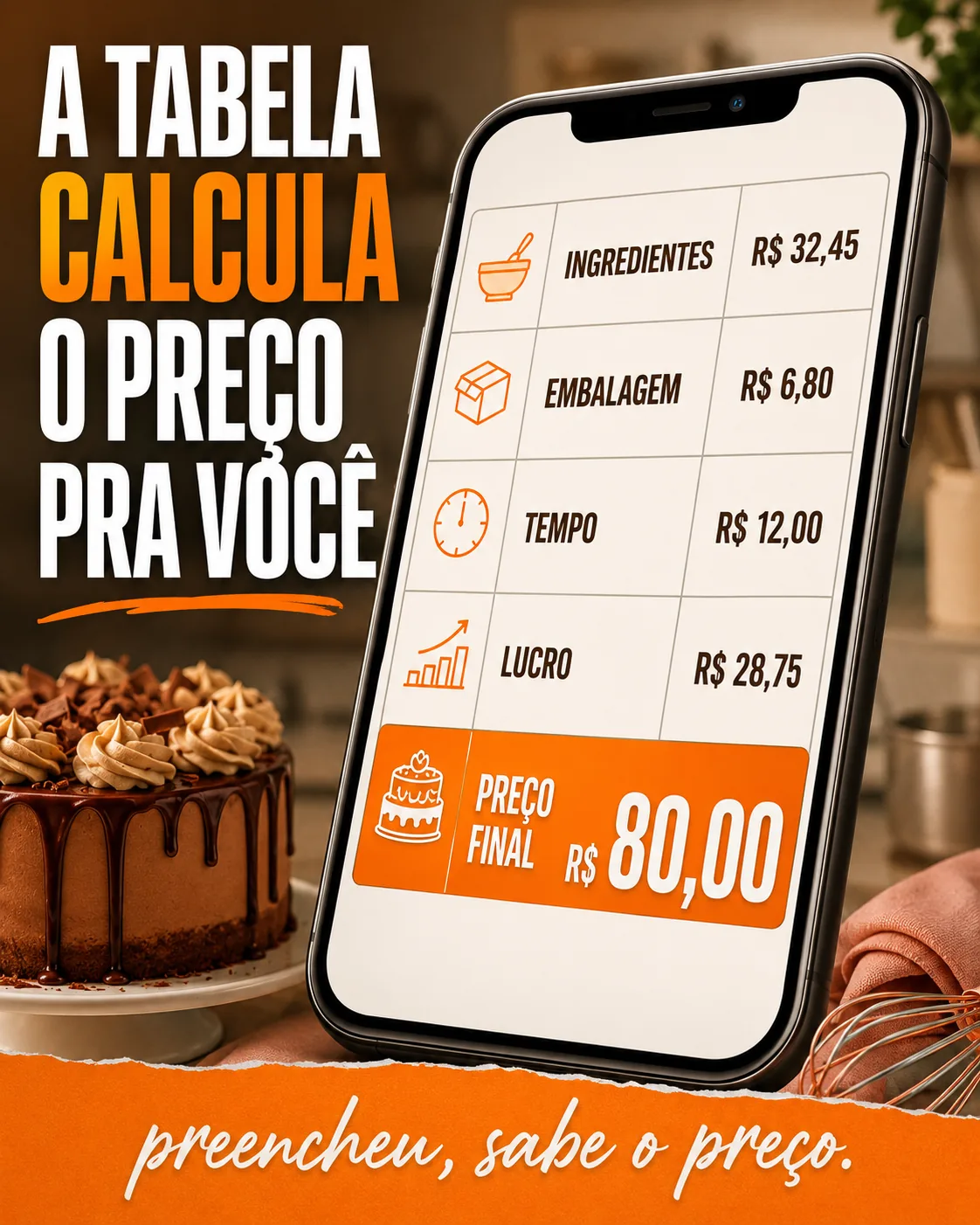 Anúncio 4:5: 'A tabela calcula o preço pra você' — tela com preço final R$80,00